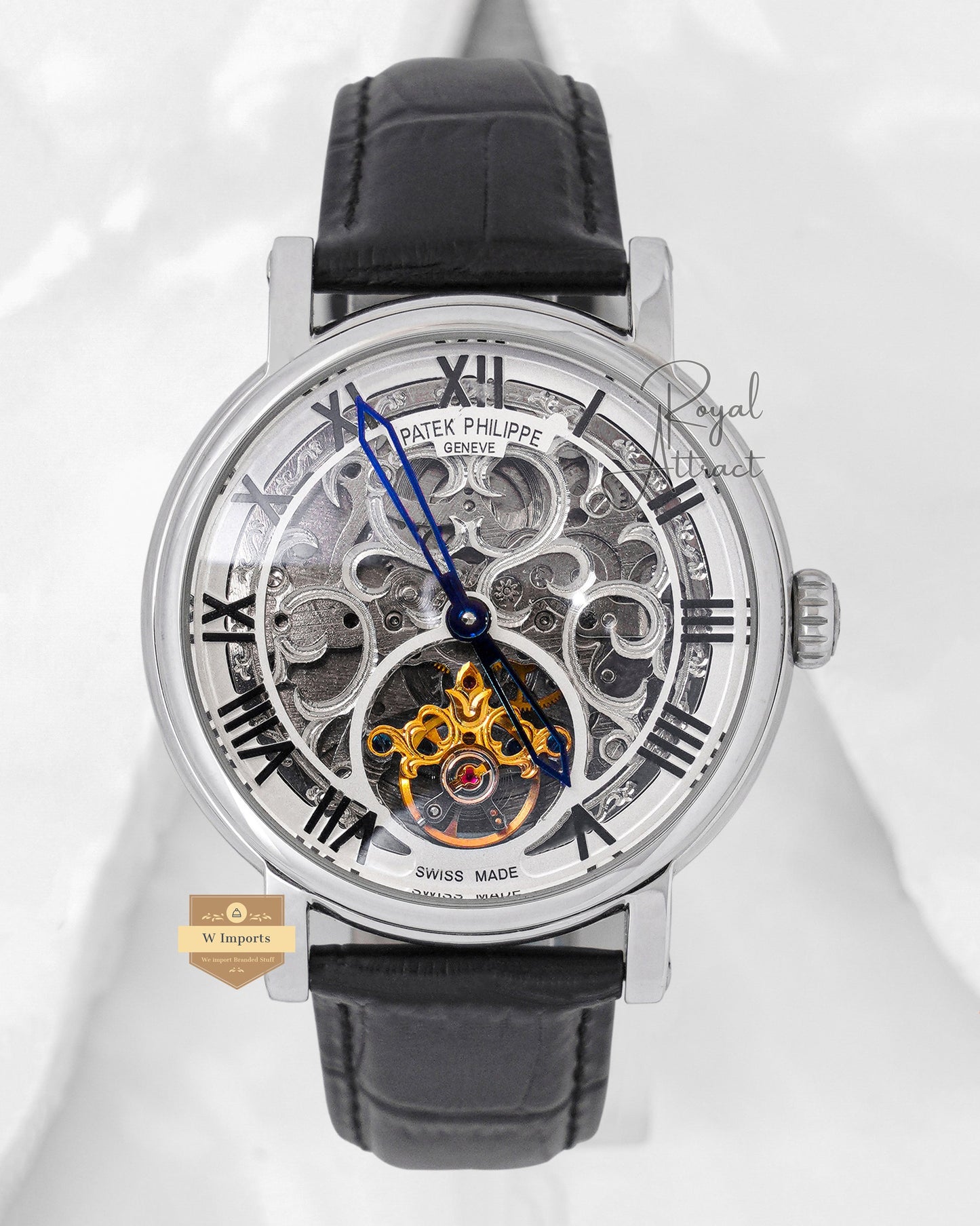Latest Collection Tourbillon Silver Case With White Skeleton Dial & Leather Strap