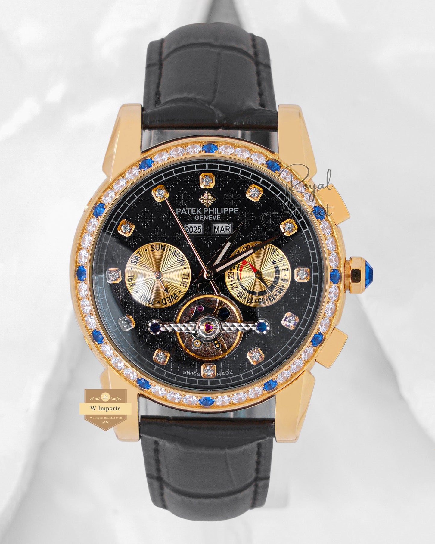Latest Collection Chronograph Yellow Gold Case With Black Dial & Leather Strap For Men