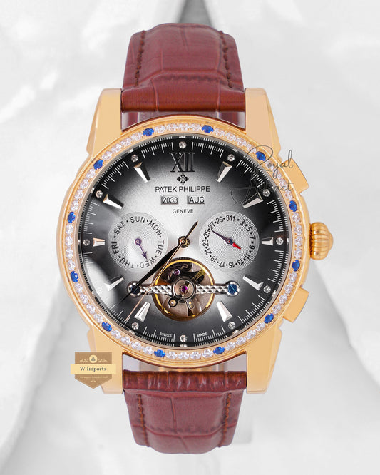 Latest Collection Chronograph Yellow Gold Stone Case With Charcoal Dial & Leather Strap For Men