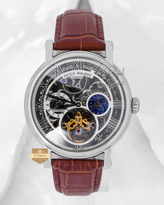 Latest Collection Tourbillon Silver Case With White Skeleton Dial & Leather Strap