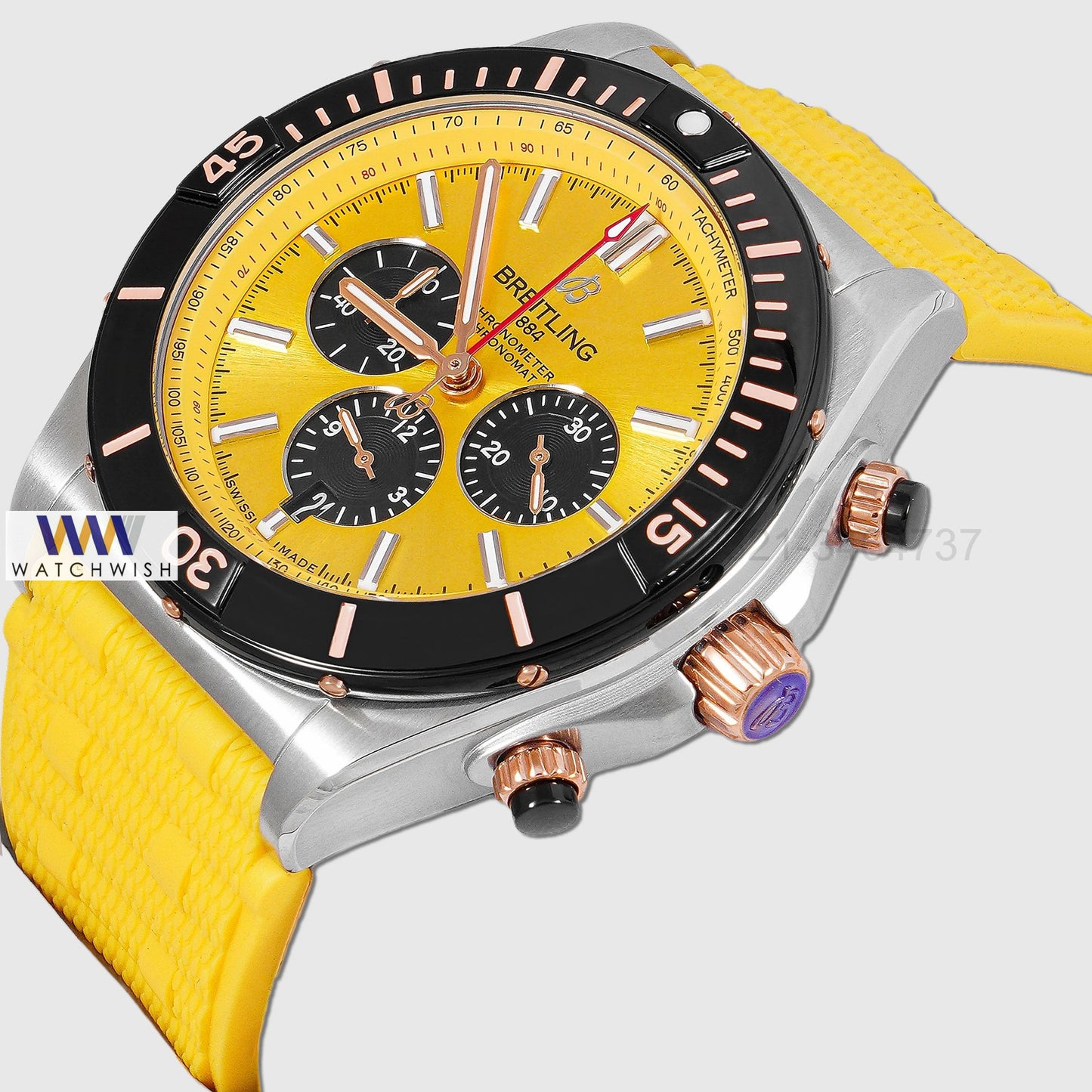 LATEST COLLECTION CHRONOGRAPH SILVER WITH YELLOW DIAL AND PVC STRAP