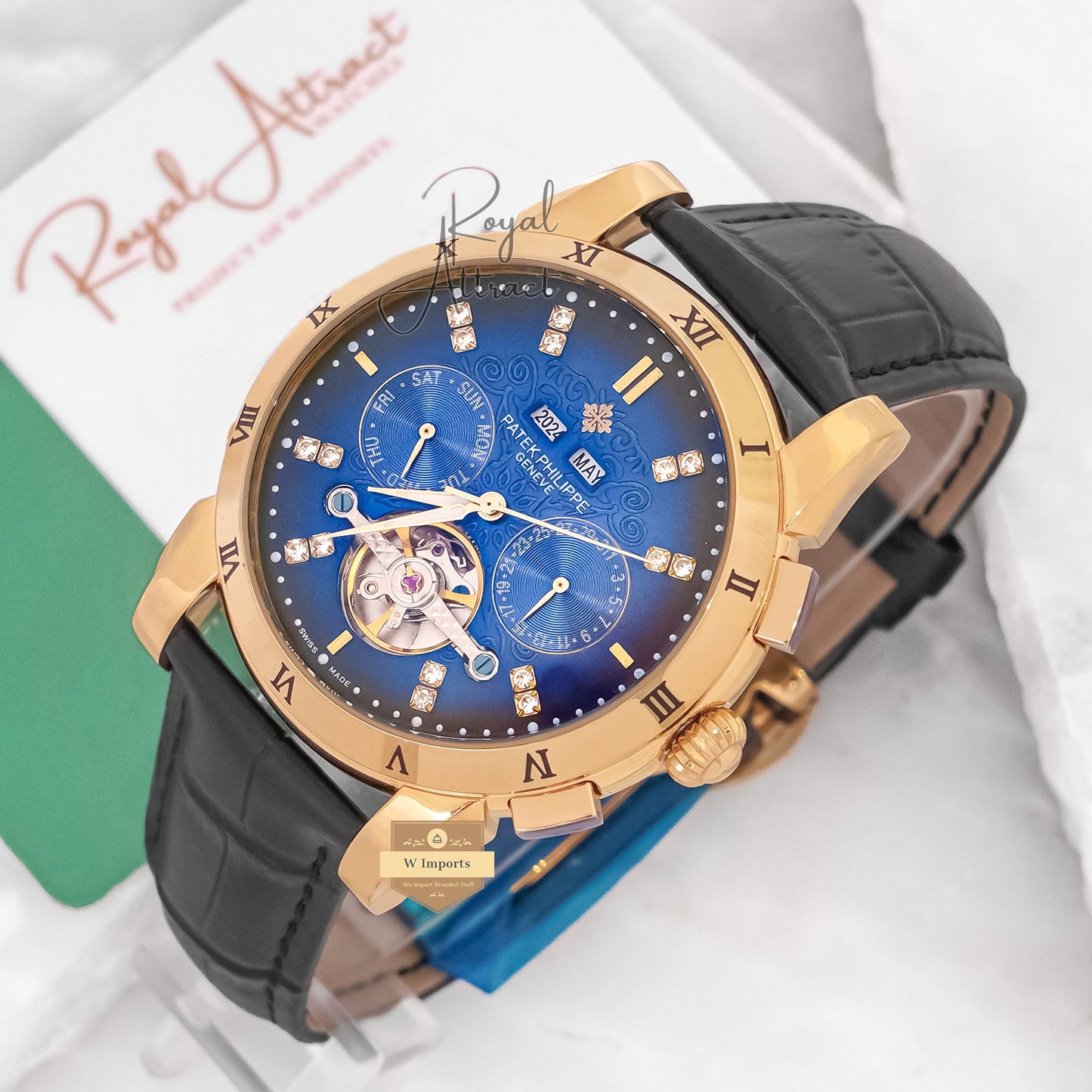 Latest Collection Chronograph Yellow Gold Case With Blue Dial & Leather Strap For Men