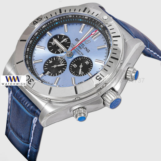 LATEST COLLECTION CHRONOGRAPH SILVER WITH BLUE DIAL AND LEATHER STRAP