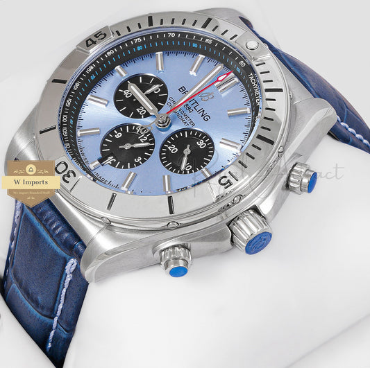 LATEST COLLECTION CHRONOGRAPH SILVER WITH BLUE DIAL AND LEATHER STRAP