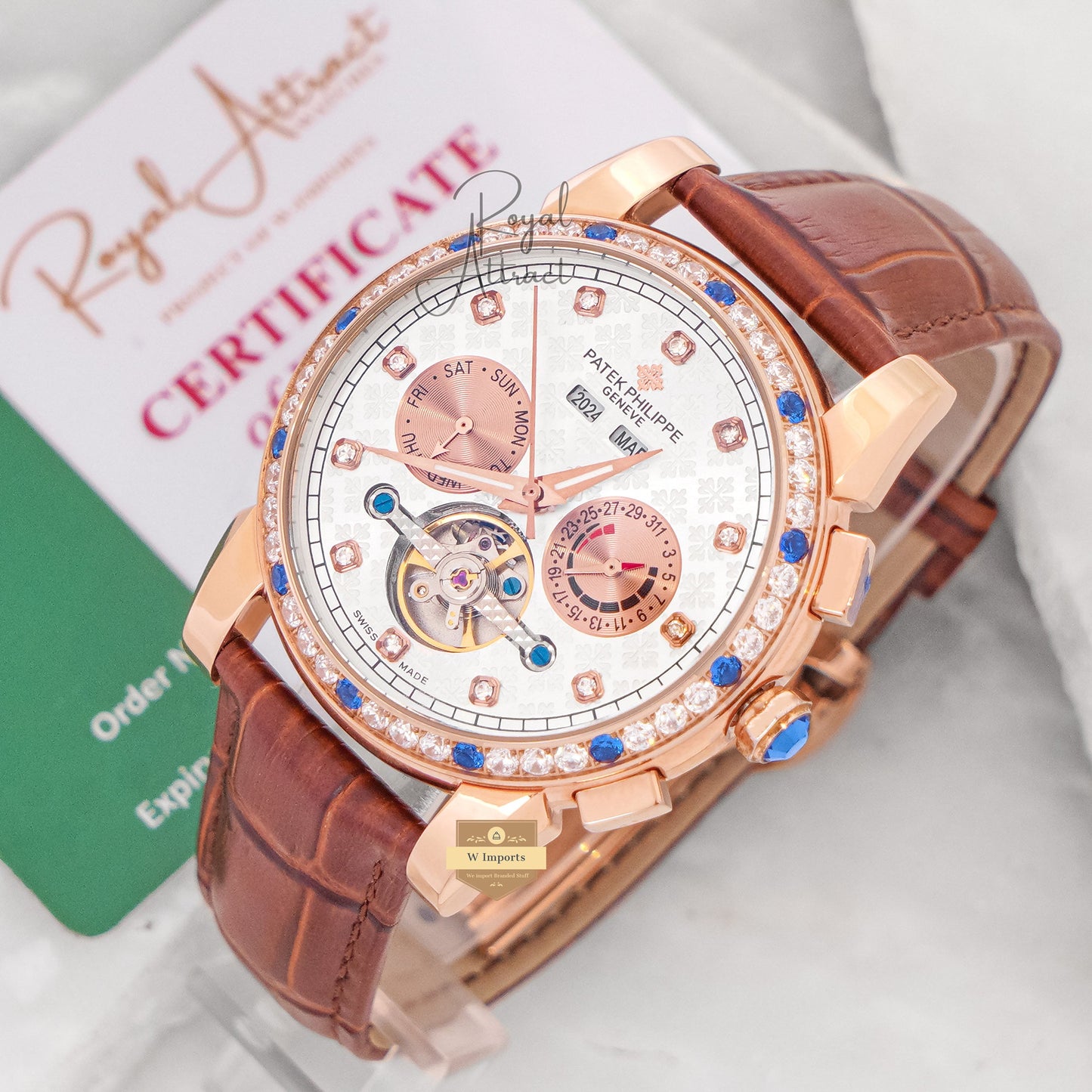 Latest Collection Chronograph Rose Gold Stone Case With White Dial & Leather Strap For Men