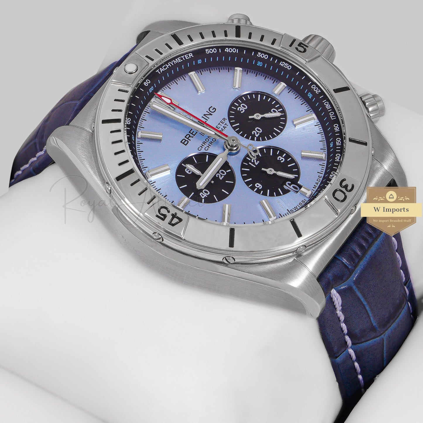 LATEST COLLECTION CHRONOGRAPH SILVER WITH BLUE DIAL AND LEATHER STRAP