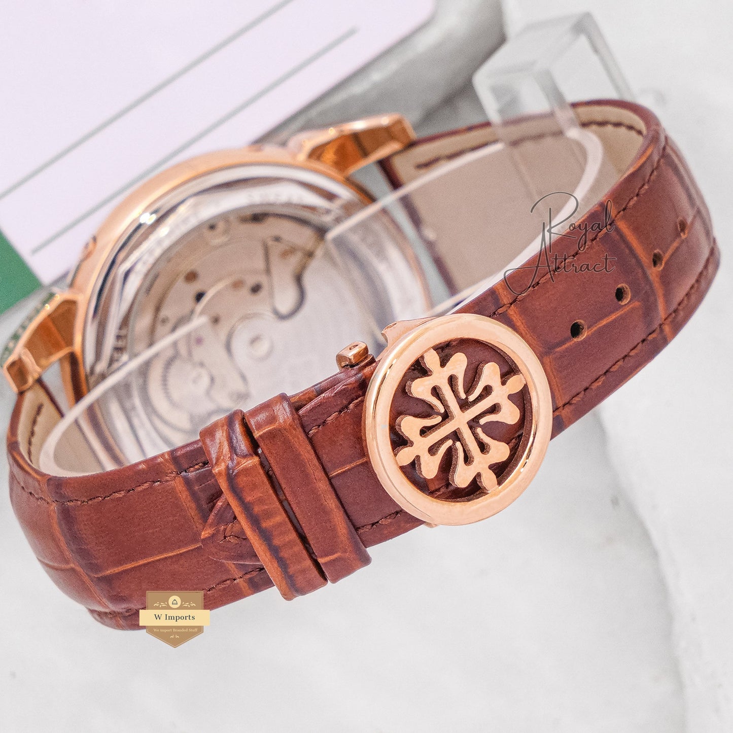 Latest Collection Chronograph Rose Gold Stone Case With Brown Dial & Leather Strap For Men