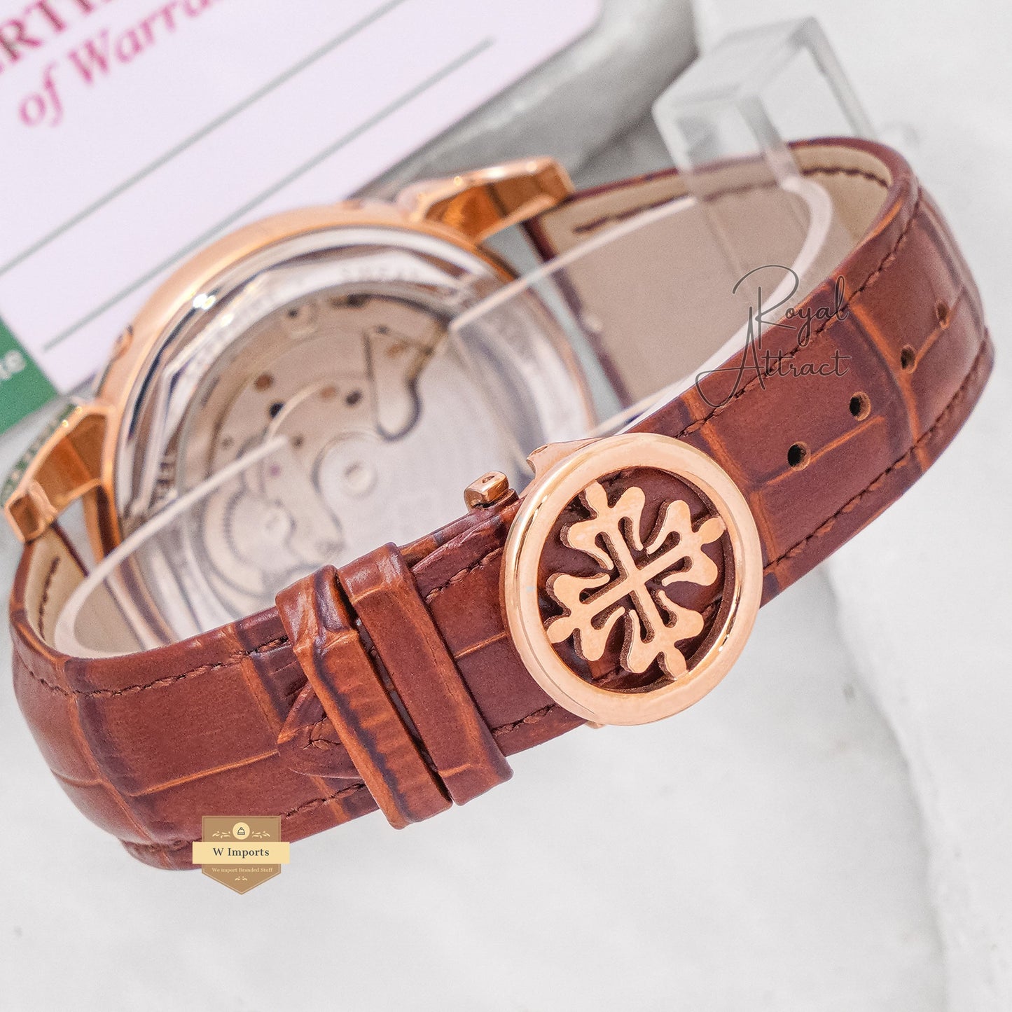 Latest Collection Chronograph Rose Gold Stone Case With White Dial & Leather Strap For Men