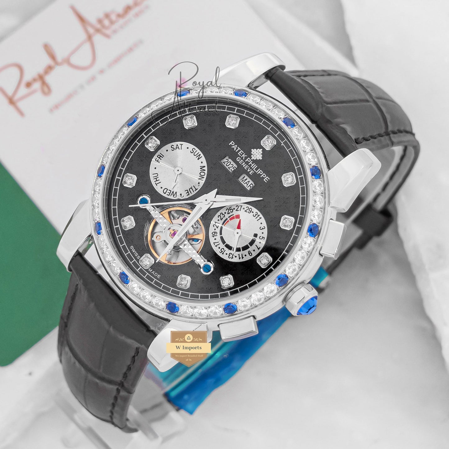 Latest Collection Chronograph Silver Stone Case With Black Dial & Leather Strap For Men