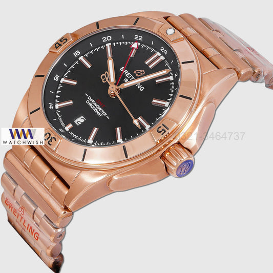 LATEST COLLECTION GMT ROSE GOLD WITH BLACK DIAL AUTOMATIC CHAIN WATCH