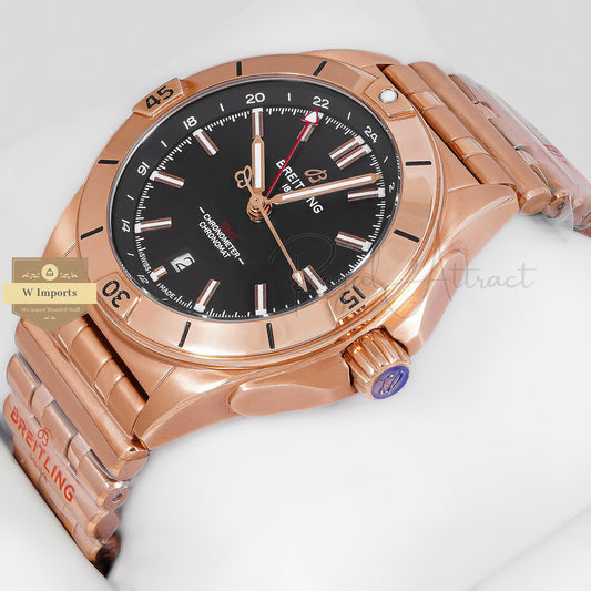 LATEST COLLECTION GMT ROSE GOLD WITH BLACK DIAL AUTOMATIC CHAIN WATCH