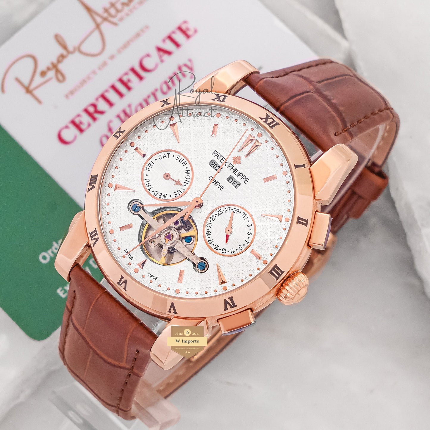 Latest Collection Chronograph Rose Gold Case With White Dial & Leather Strap For Men