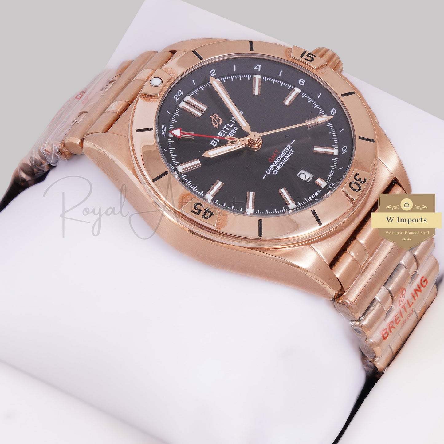 LATEST COLLECTION GMT ROSE GOLD WITH BLACK DIAL AUTOMATIC CHAIN WATCH