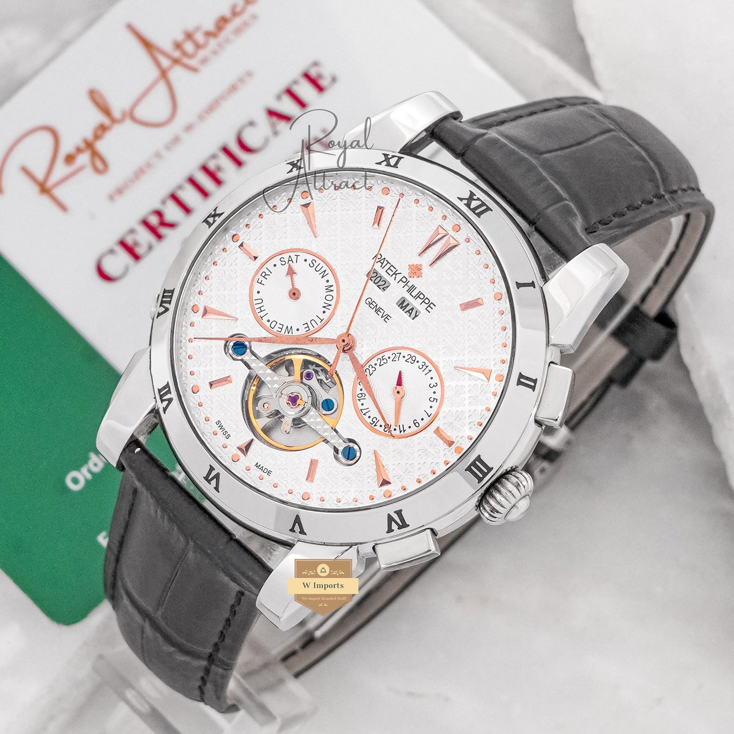 Latest Collection Chronograph Silver Case With White Dial & Leather Strap For Men