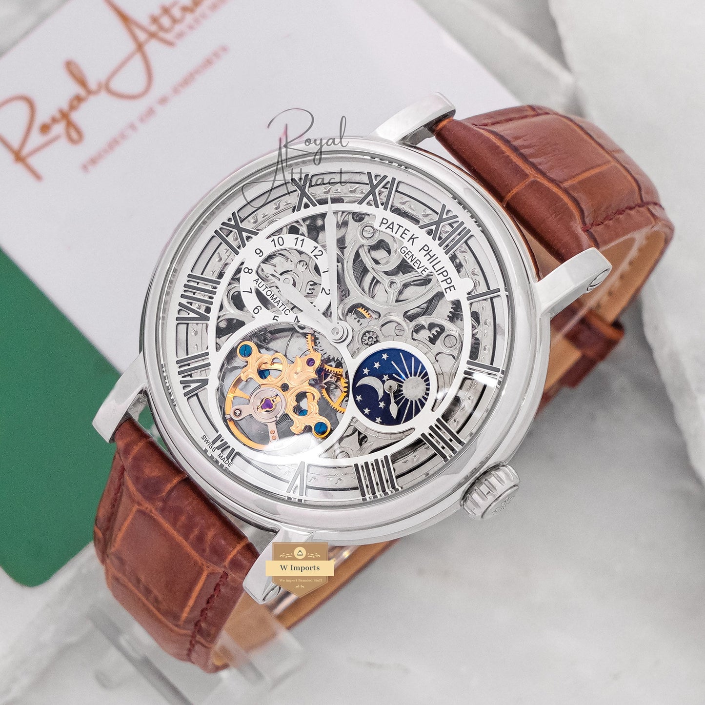 Latest Collection Tourbillon Silver Case With White Skeleton Dial & Leather Strap