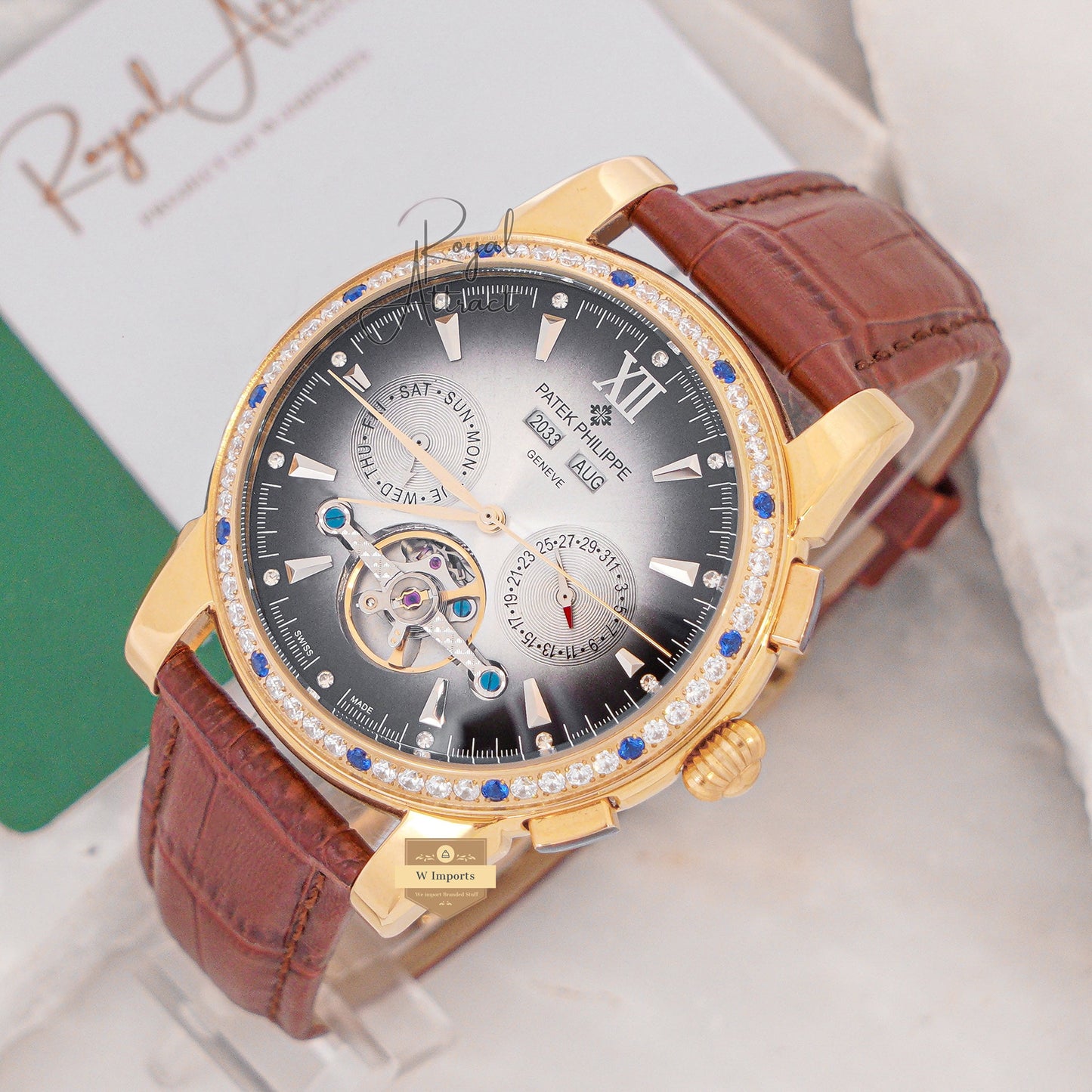 Latest Collection Chronograph Yellow Gold Stone Case With Charcoal Dial & Leather Strap For Men