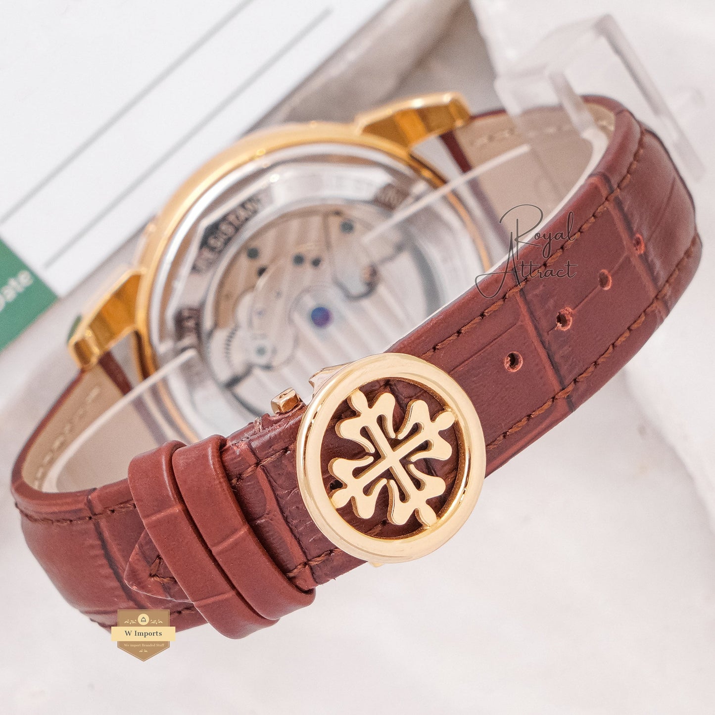 Latest Collection Chronograph Yellow Gold Stone Case With Charcoal Dial & Leather Strap For Men