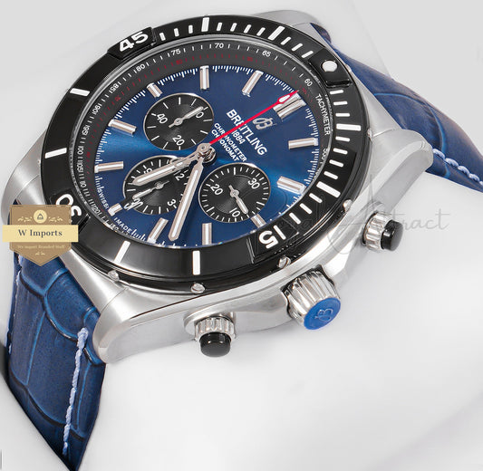 LATEST COLLECTION CHRONOGRAPH SILVER WITH BLUE DIAL AND LEATHER STRAP