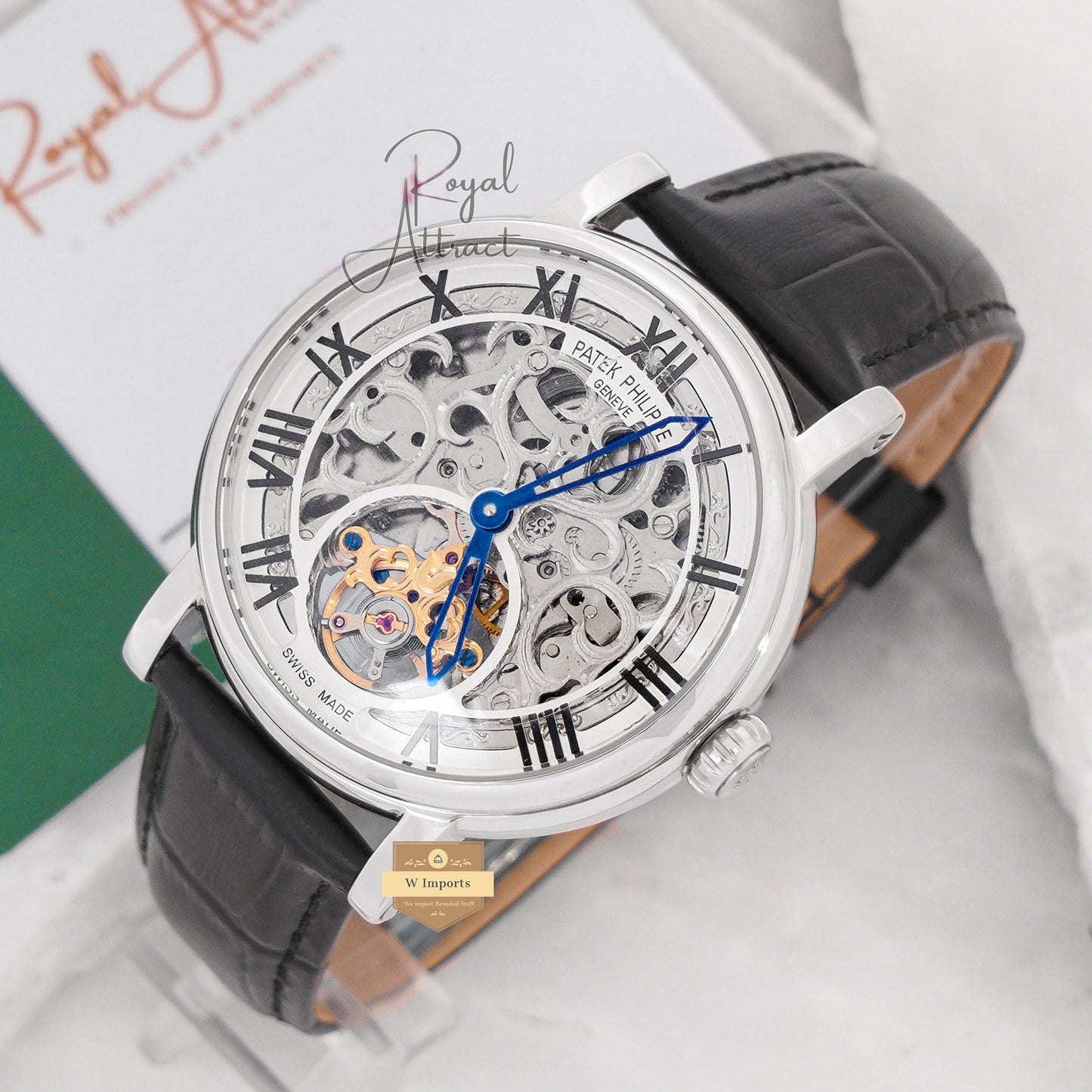 Latest Collection Tourbillon Silver Case With White Skeleton Dial & Leather Strap