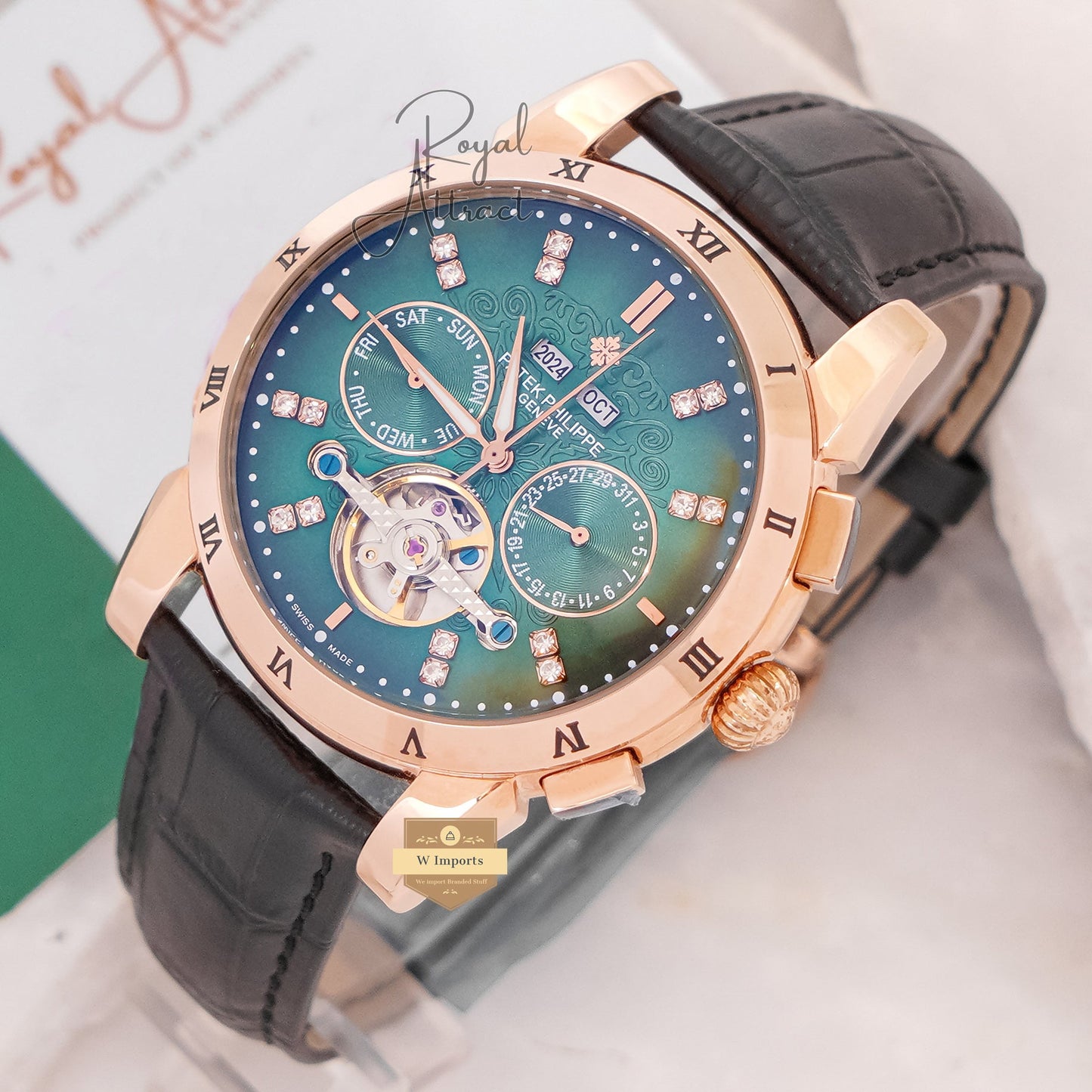 Latest Collection Chronograph Rose Gold Case With Green Dial & Leather Strap For Men