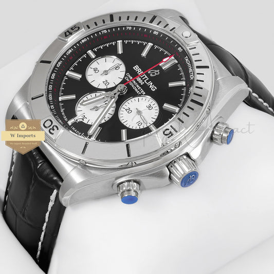 LATEST COLLECTION CHRONOGRAPH SILVER WITH BLACK DIAL AND LEATHER STRAP