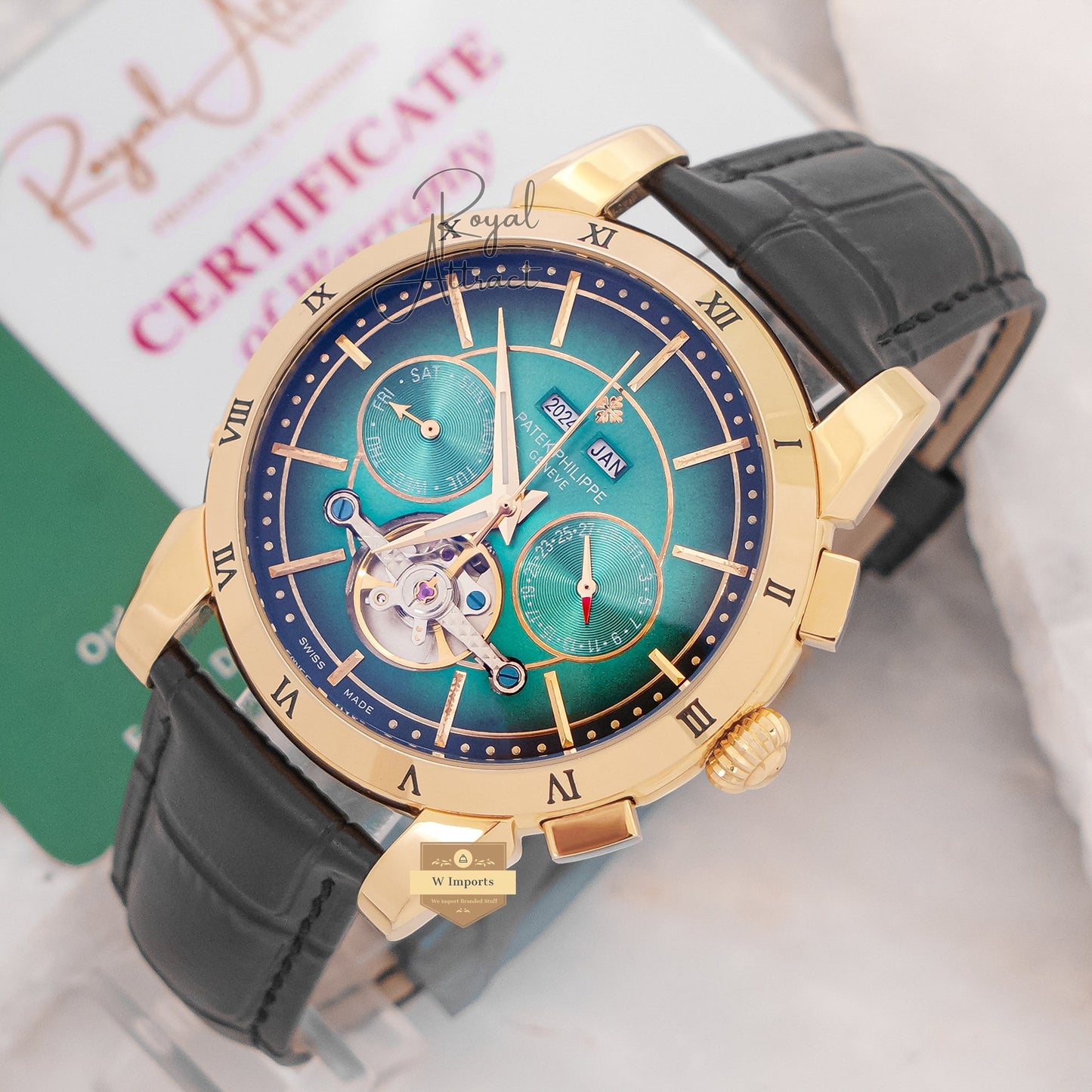 Latest Collection Chronograph Yellow Gold Case With Green Dial & Leather Strap For Men