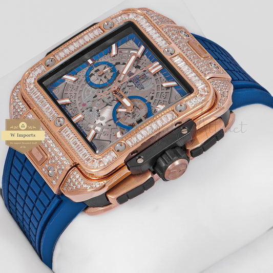 LATEST PREMIUM COLLECTION CHRONOGRAPH ROSE GOLD STONE BEZEL & BLACK DIAL WITH PVC STRAP