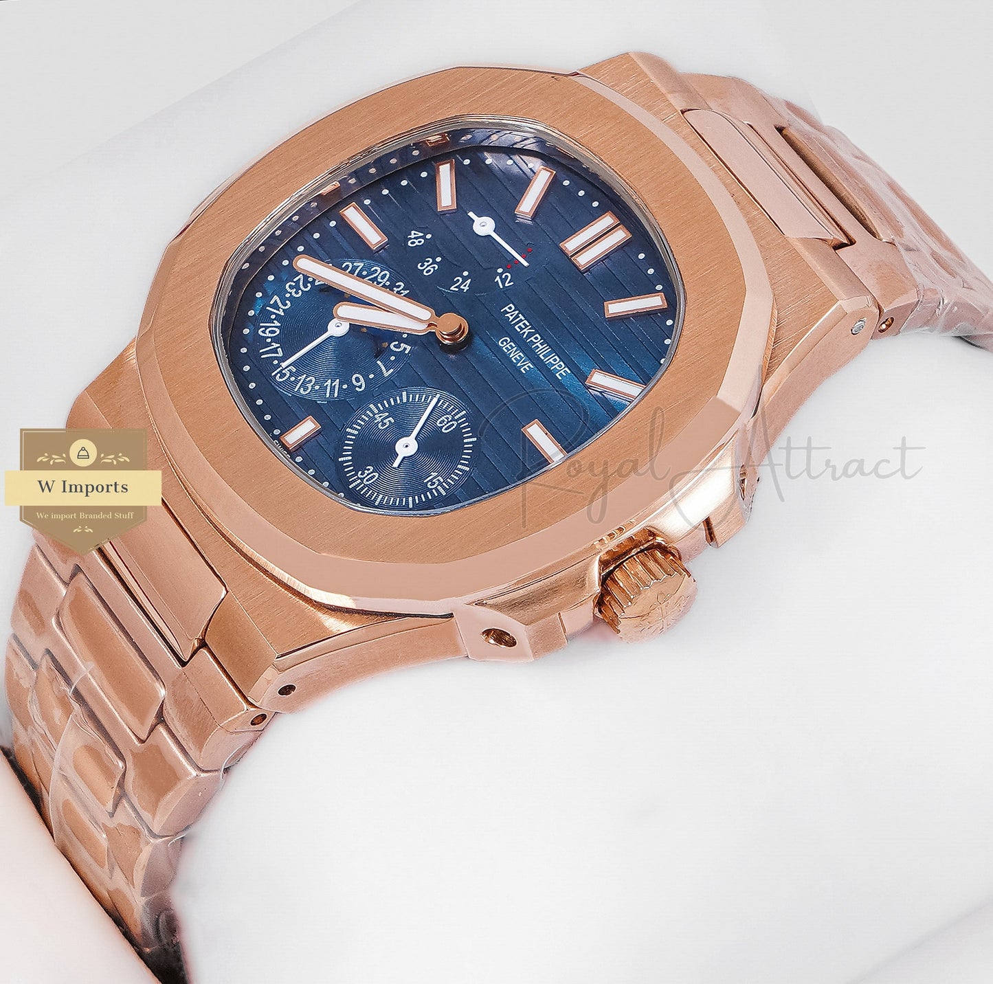 Latest Collection Chronograph Moon Phase Rose Gold With Blue Dial Automatic Watch