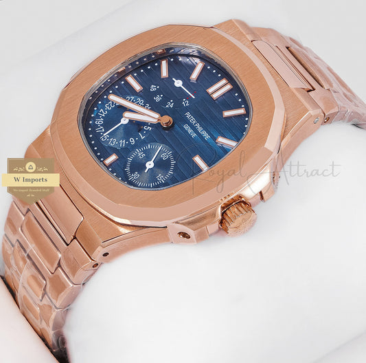Latest Collection Chronograph Moon Phase Rose Gold With Blue Dial Automatic Watch
