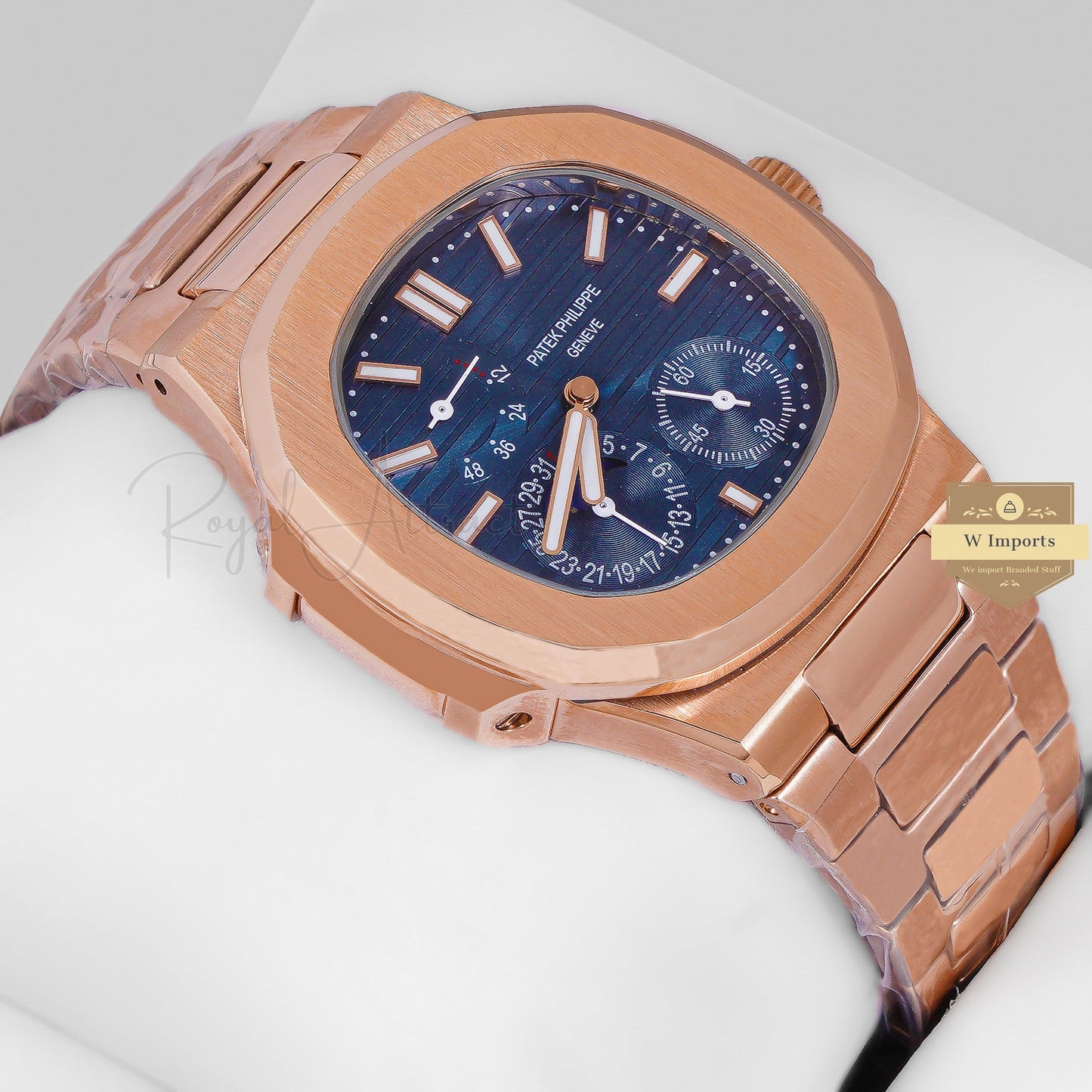 Latest Collection Chronograph Moon Phase Rose Gold With Blue Dial Automatic Watch