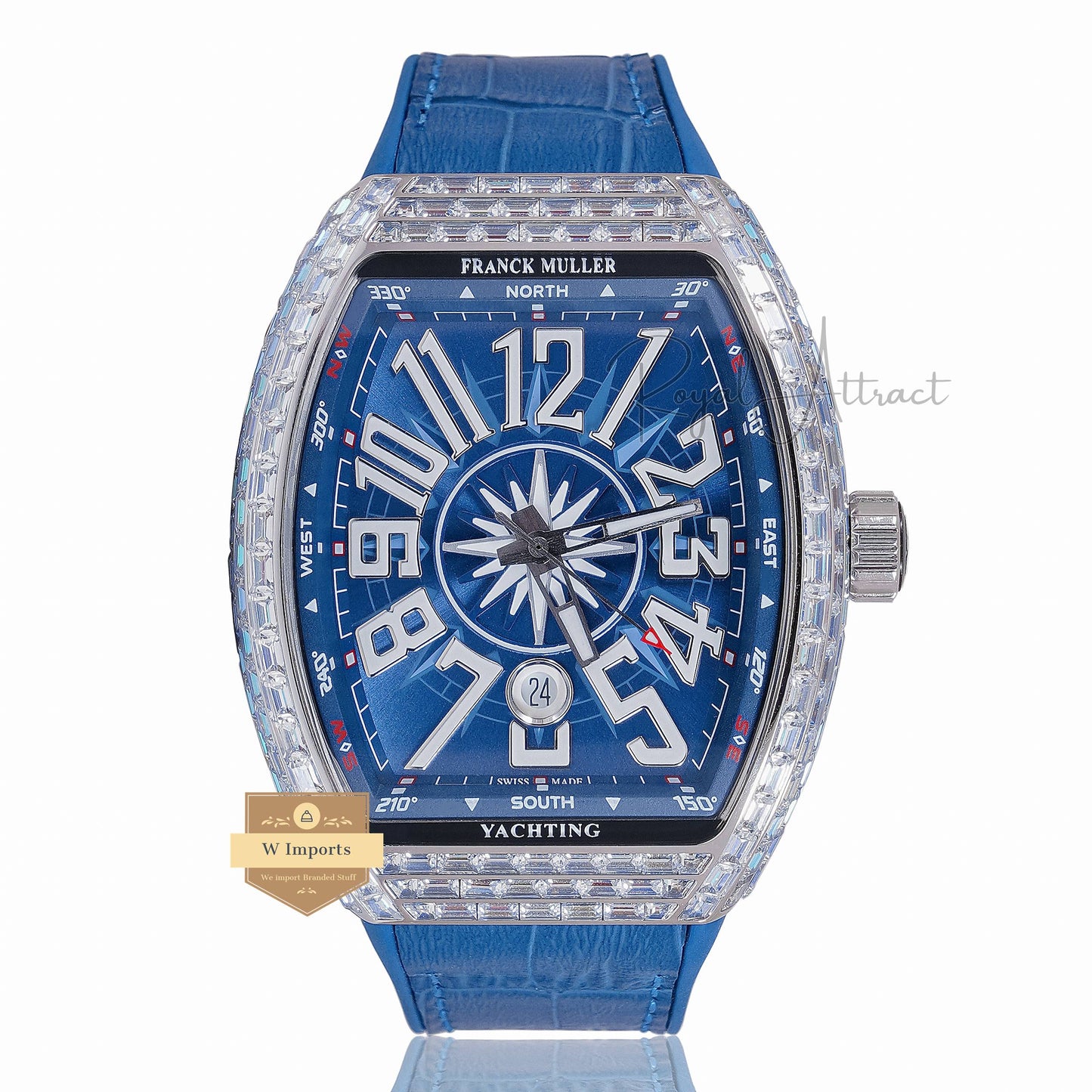 LATEST COLLECTION SILVER STONE CASE WITH BLUE DIAL AND PVC STRAP