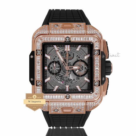 Latest Premium Collection Chronograph Rose Gold Stone Bezel & Skeleton Dial With Pvc Strap For Men