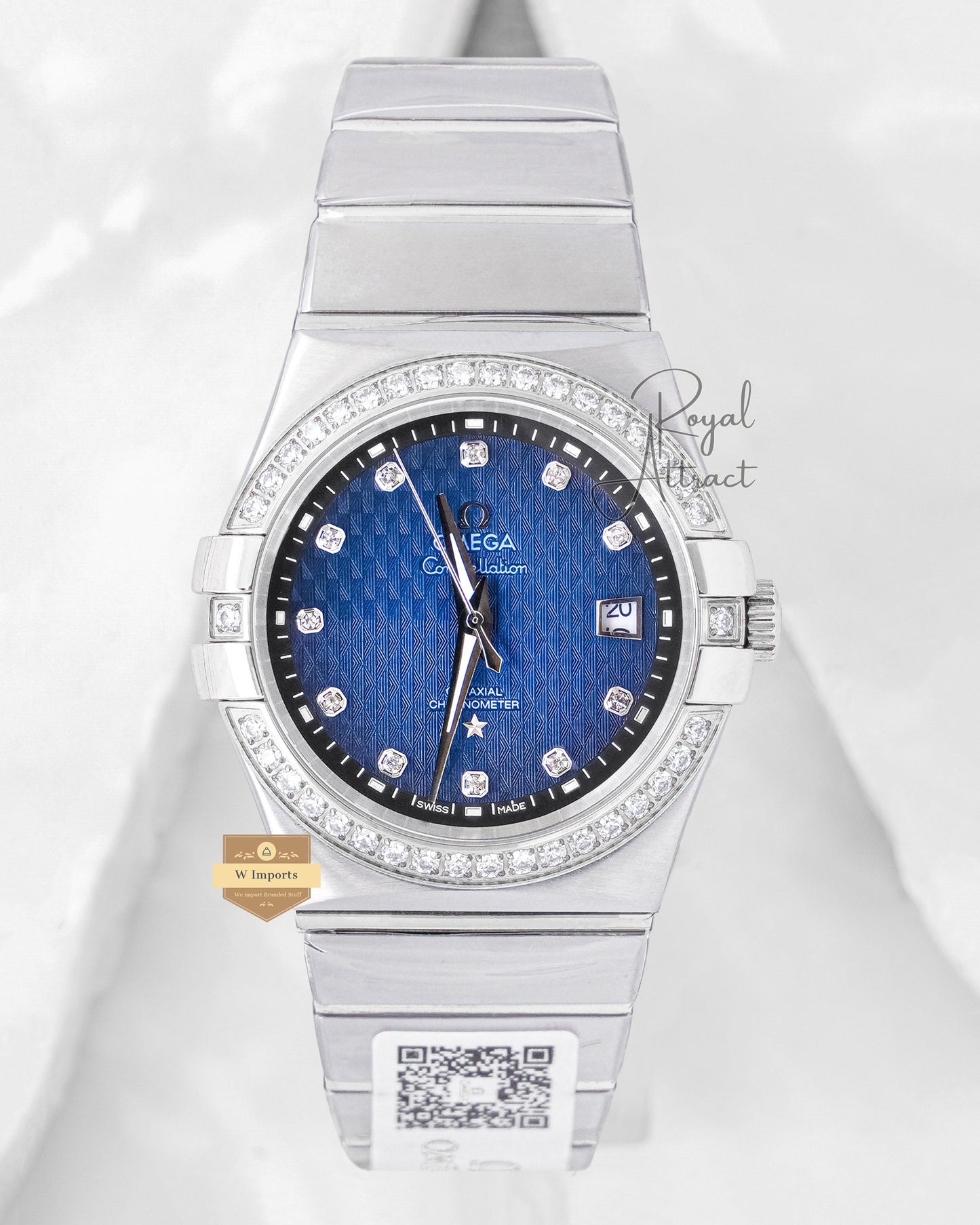 Latest Collection Silver With Blue Texture Dial Stone Bezel Chain Watch