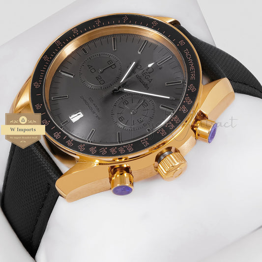 LATEST COLLECTION CHRONOGRAPH YELLOW GOLD CASE WITH BLACK DIAL AND LEATHER STRAP