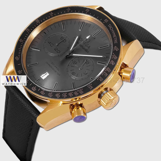 LATEST COLLECTION CHRONOGRAPH YELLOW GOLD CASE WITH BLACK DIAL AND LEATHER STRAP