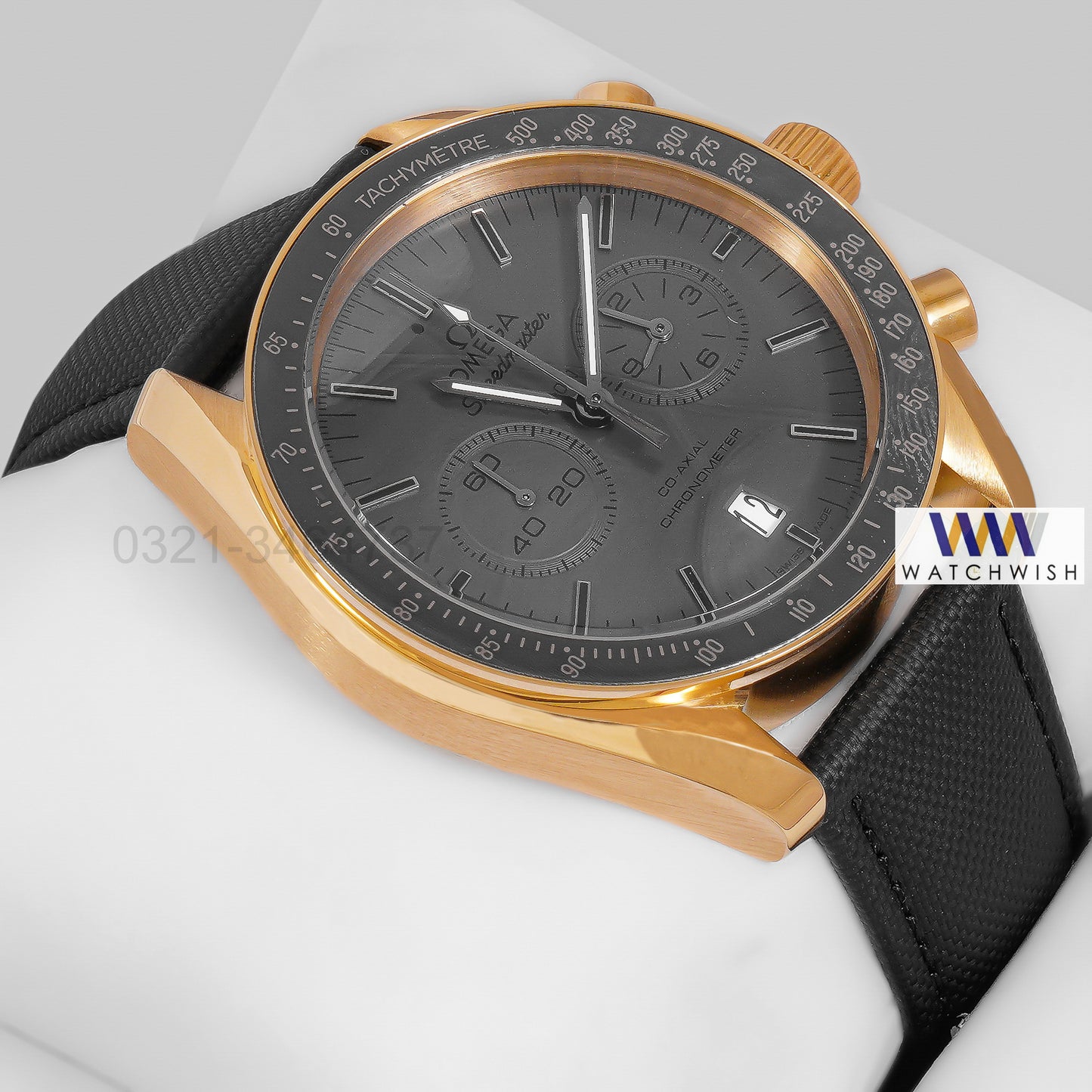 LATEST COLLECTION CHRONOGRAPH YELLOW GOLD CASE WITH BLACK DIAL AND LEATHER STRAP