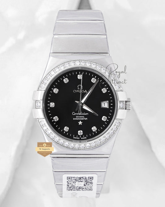Latest Collection Silver With Black Dial Stone Bezel Chain Watch