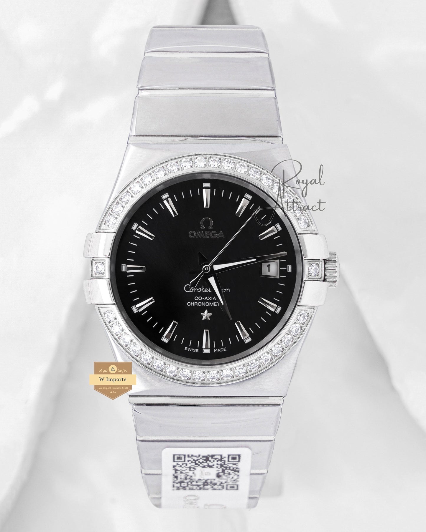 Latest Collection Silver With Black Dial Stone Bezel Chain Watch