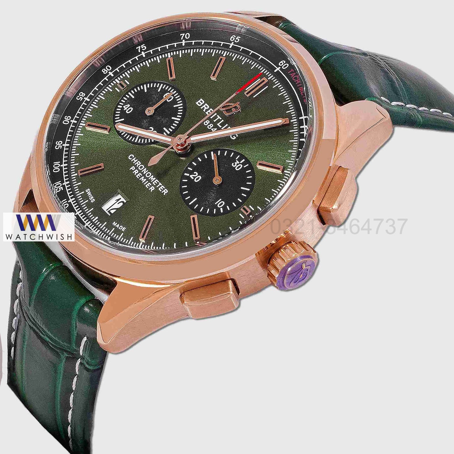 LATEST COLLECTION CHRONOGRAPH ROSE GOLD CASE WITH GREEN DIAL & LEATHER STRAP