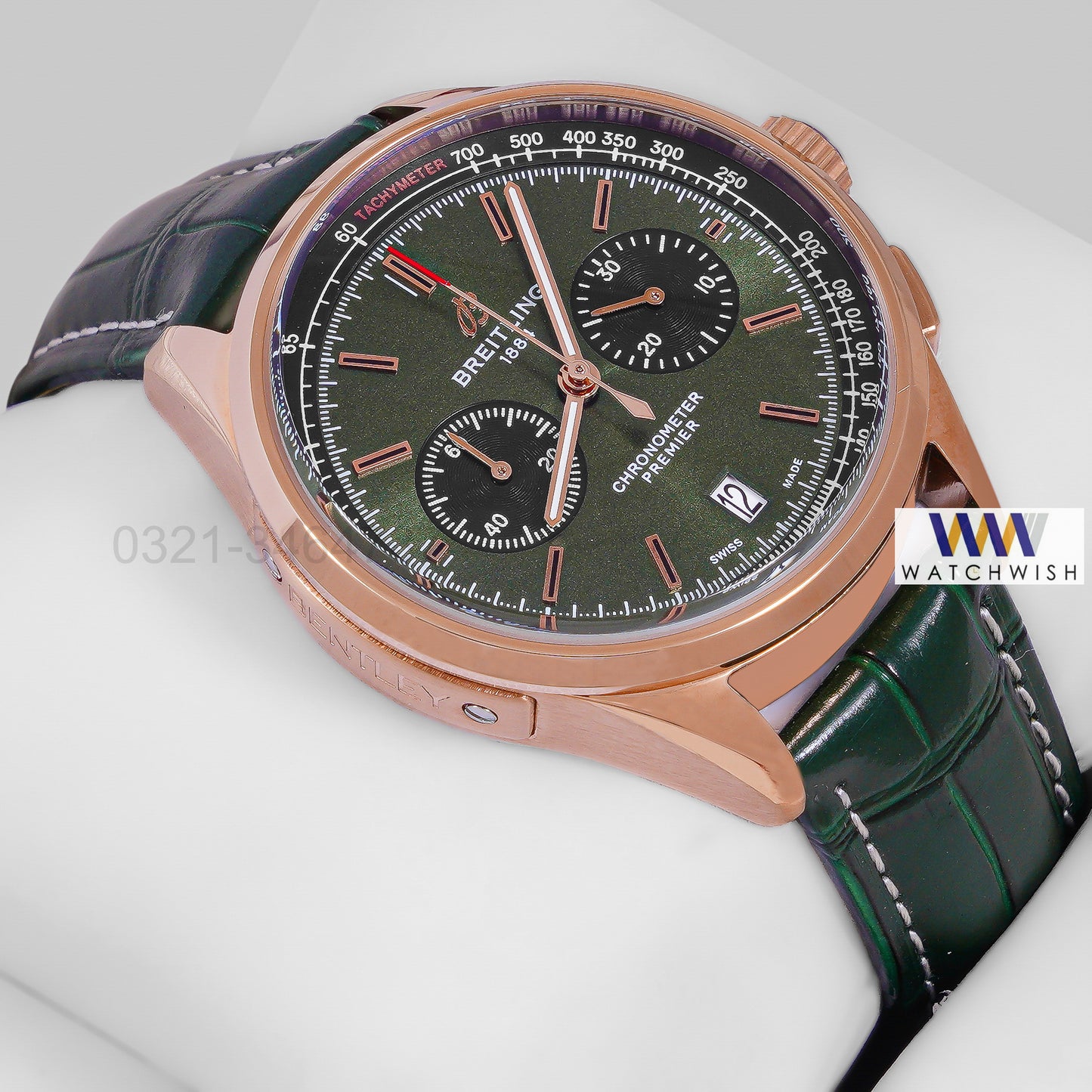 LATEST COLLECTION CHRONOGRAPH ROSE GOLD CASE WITH GREEN DIAL & LEATHER STRAP