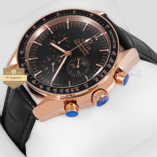 LATEST COLLECTION CHRONOGRAPH ROSE GOLD CASE WITH BLACK DIAL AND LEATHER STRAP
