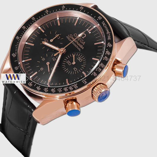 LATEST COLLECTION CHRONOGRAPH ROSE GOLD CASE WITH BLACK DIAL AND LEATHER STRAP