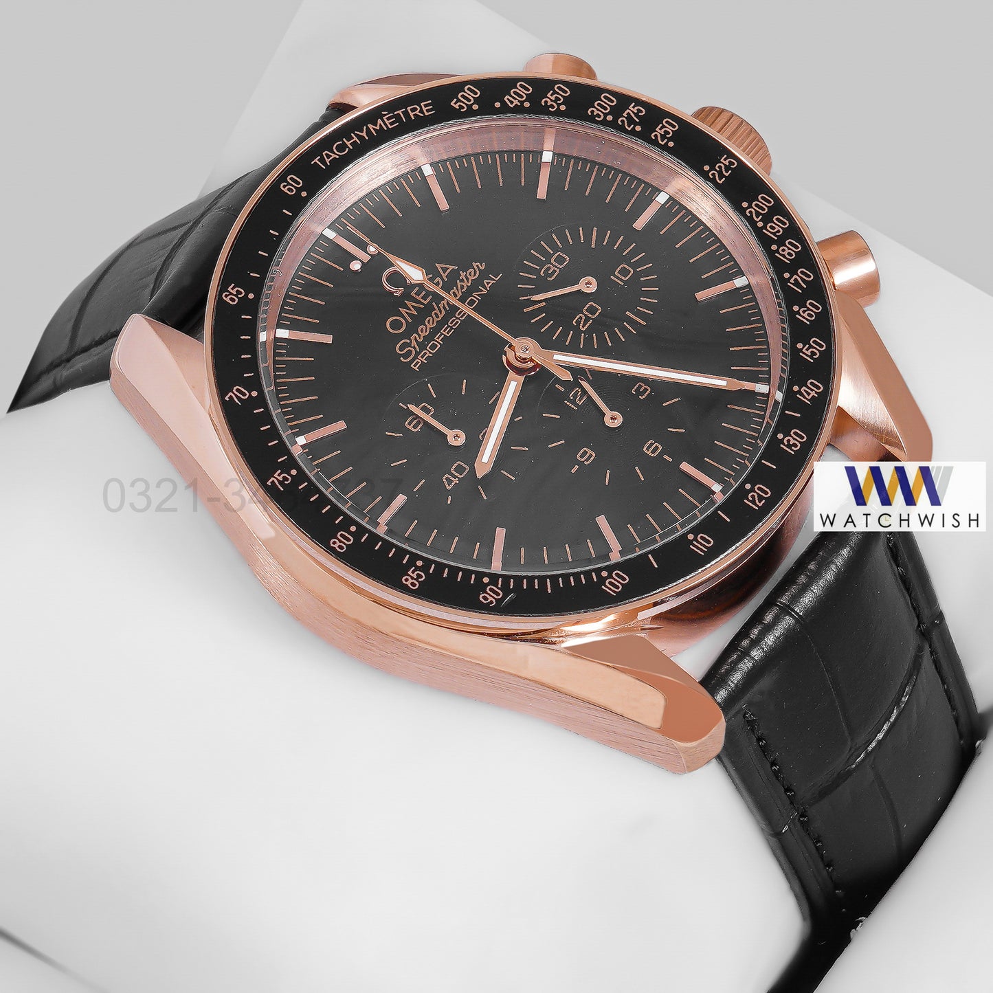 LATEST COLLECTION CHRONOGRAPH ROSE GOLD CASE WITH BLACK DIAL AND LEATHER STRAP