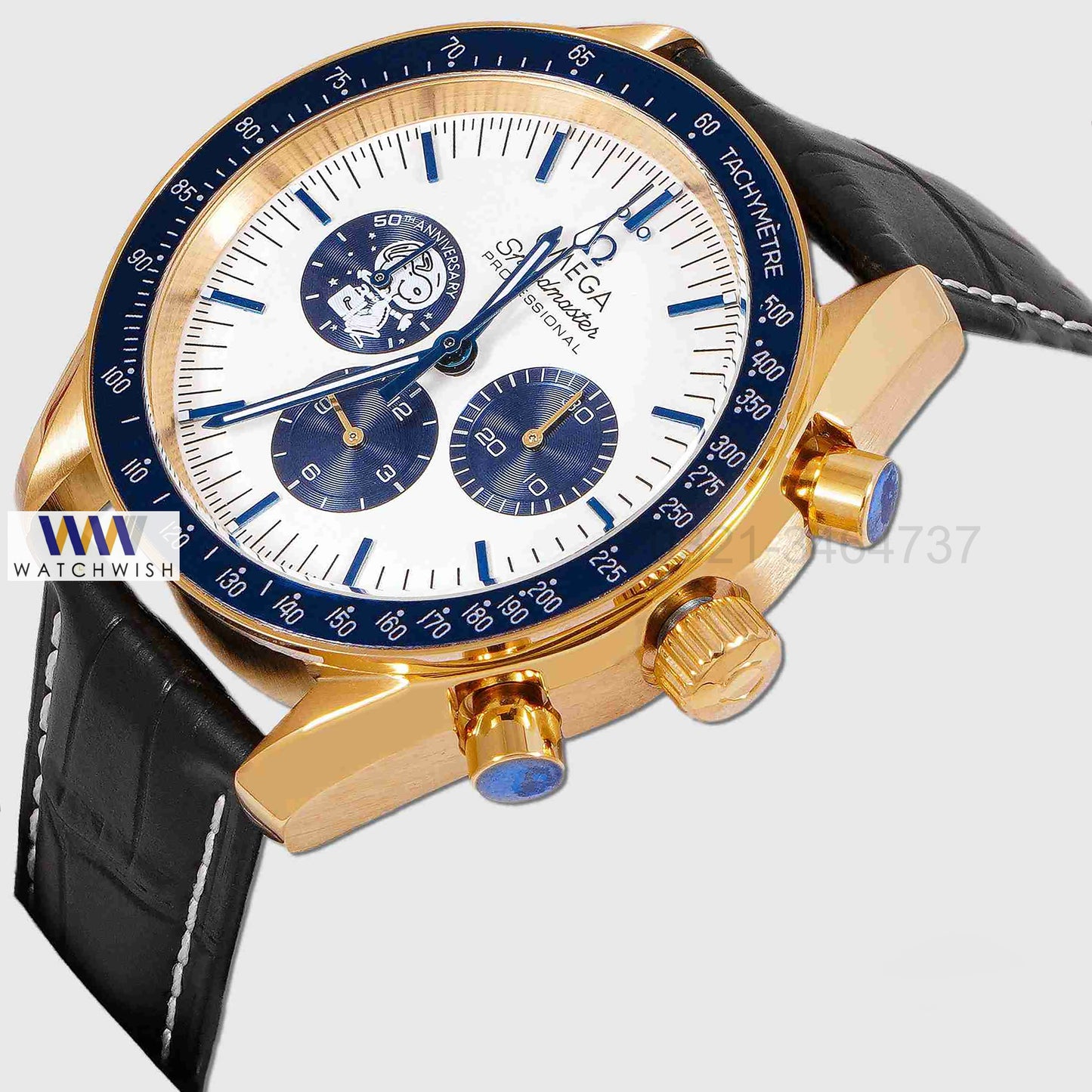 LATEST COLLECTION CHRONOGRAPH YELLOW GOLD CASE WITH WHITE DIAL AND LEATHER STRAP WATCH