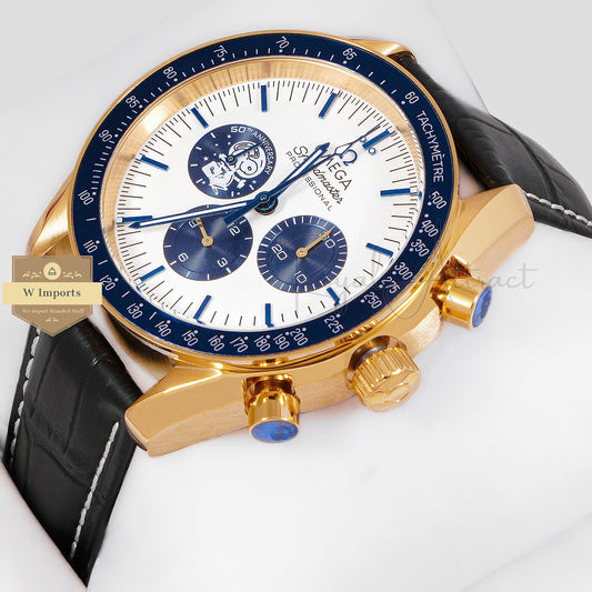 LATEST COLLECTION CHRONOGRAPH YELLOW GOLD CASE WITH WHITE DIAL AND LEATHER STRAP WATCH