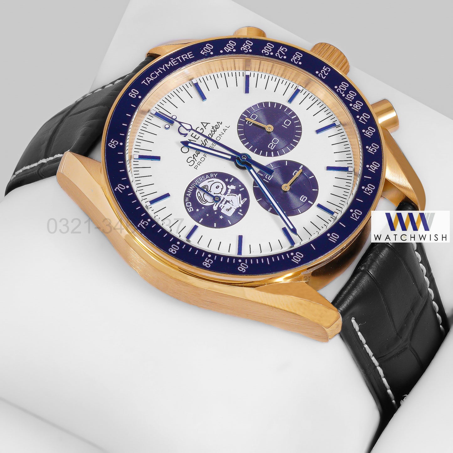 LATEST COLLECTION CHRONOGRAPH YELLOW GOLD CASE WITH WHITE DIAL AND LEATHER STRAP WATCH