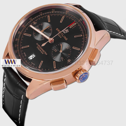 LATEST COLLECTION CHRONOGRAPH ROSE GOLD CASE WITH BLACK DIAL & LEATHER STRAP