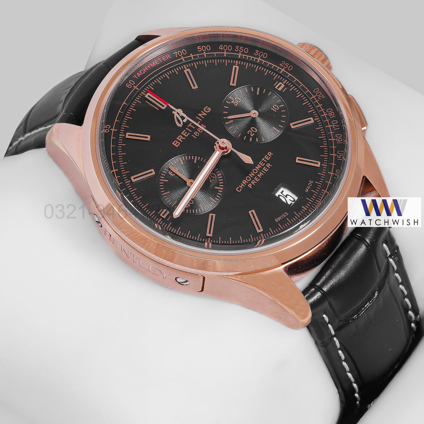 LATEST COLLECTION CHRONOGRAPH ROSE GOLD CASE WITH BLACK DIAL & LEATHER STRAP