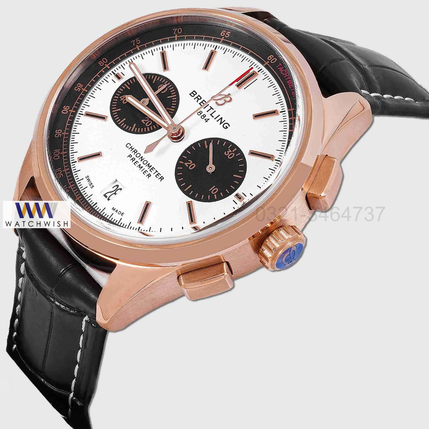 LATEST COLLECTION CHRONOGRAPH ROSE GOLD CASE WITH WHITE DIAL & BLACK LEATHER STRAP