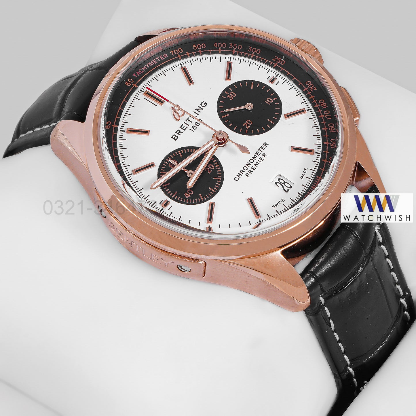 LATEST COLLECTION CHRONOGRAPH ROSE GOLD CASE WITH WHITE DIAL & BLACK LEATHER STRAP